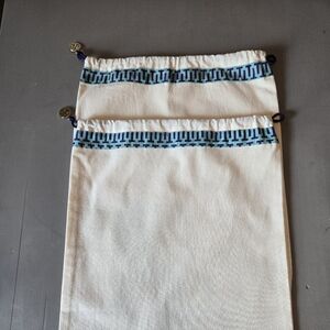 Canvas Drawstring Bag with Blue Geometric Trim